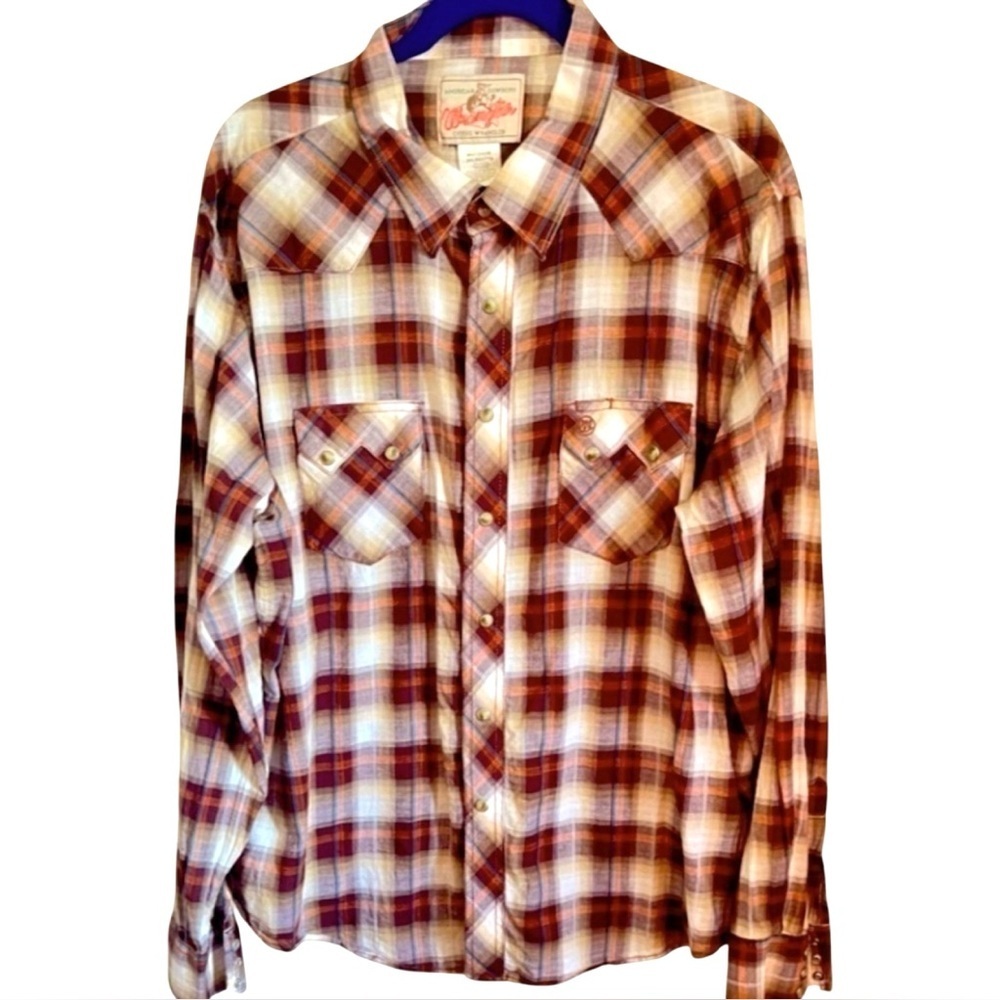 VINTAGE Wrangler Western Pearl Snap Plaid Button Down Shirt Long-Sleeve Size XXL